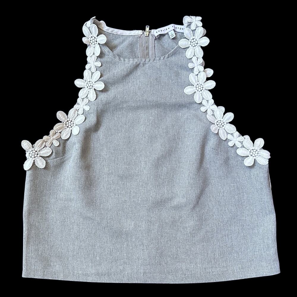 English Factory Girl Size Small Sleeveless Cropped Top Gray Floral Lace Trim